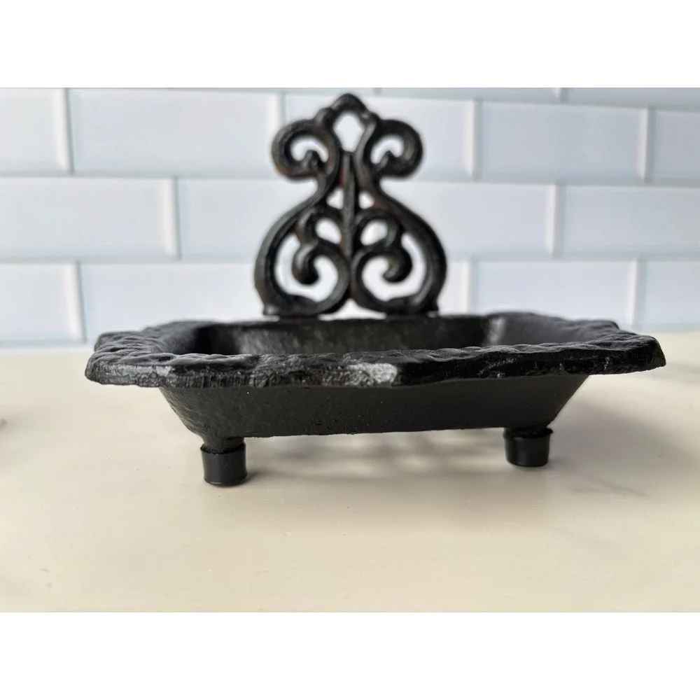 Cast‎ Iron Soap Dish Fleur De Lis Scrollwork Black Metal Footed Holder